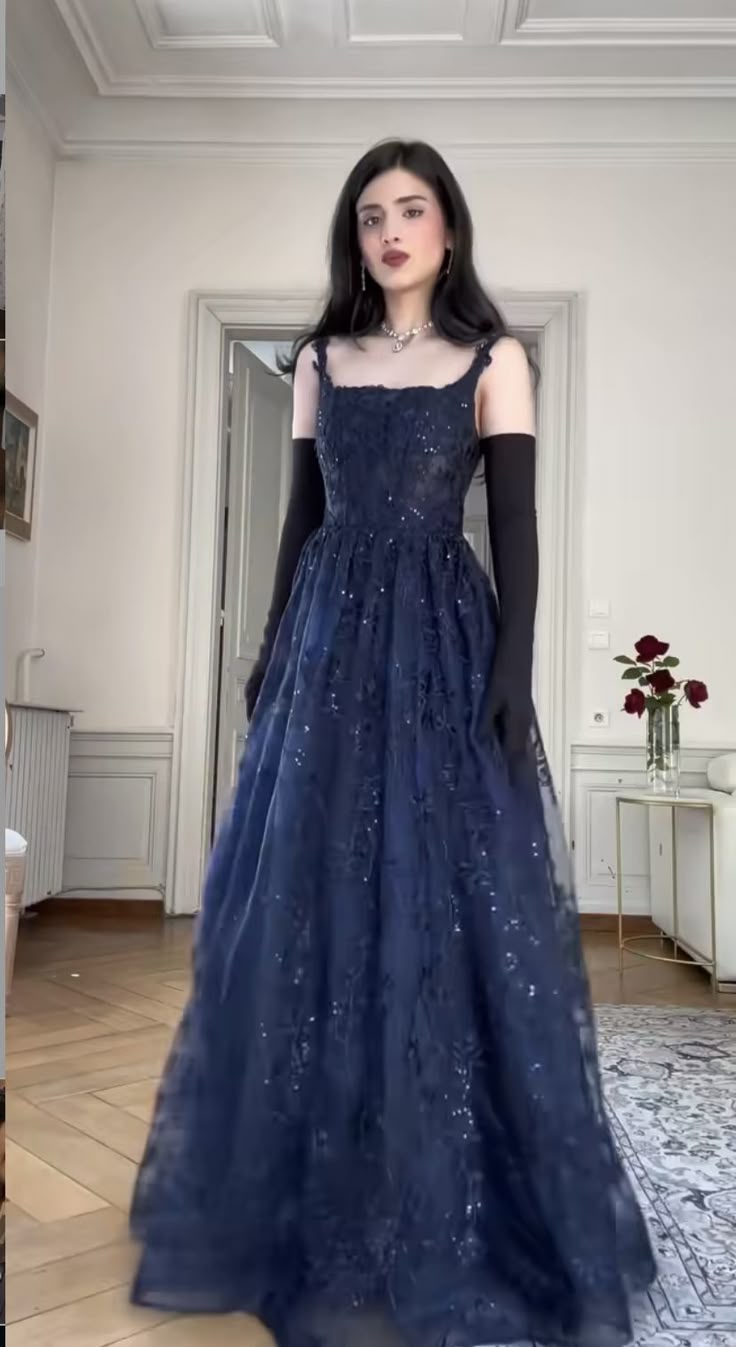A Line Navy Blue Elegant Birthday Party Dress Long Evening Dress