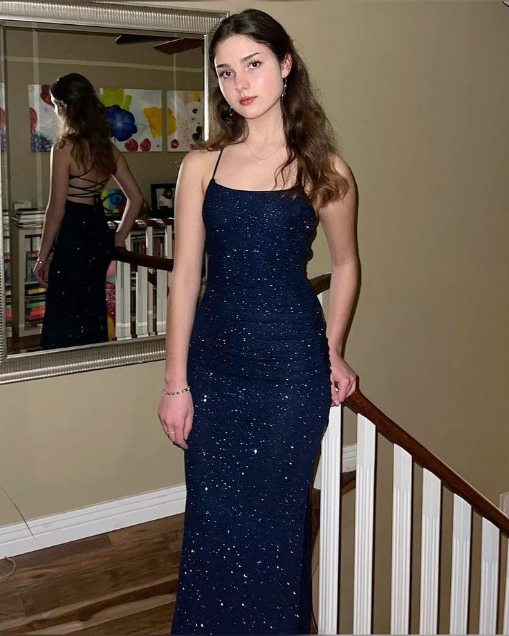 Formal Navy Blue Sequins Mermaid Long Evening Prom Dresses, Custom Spaghetti Straps Prom Dress