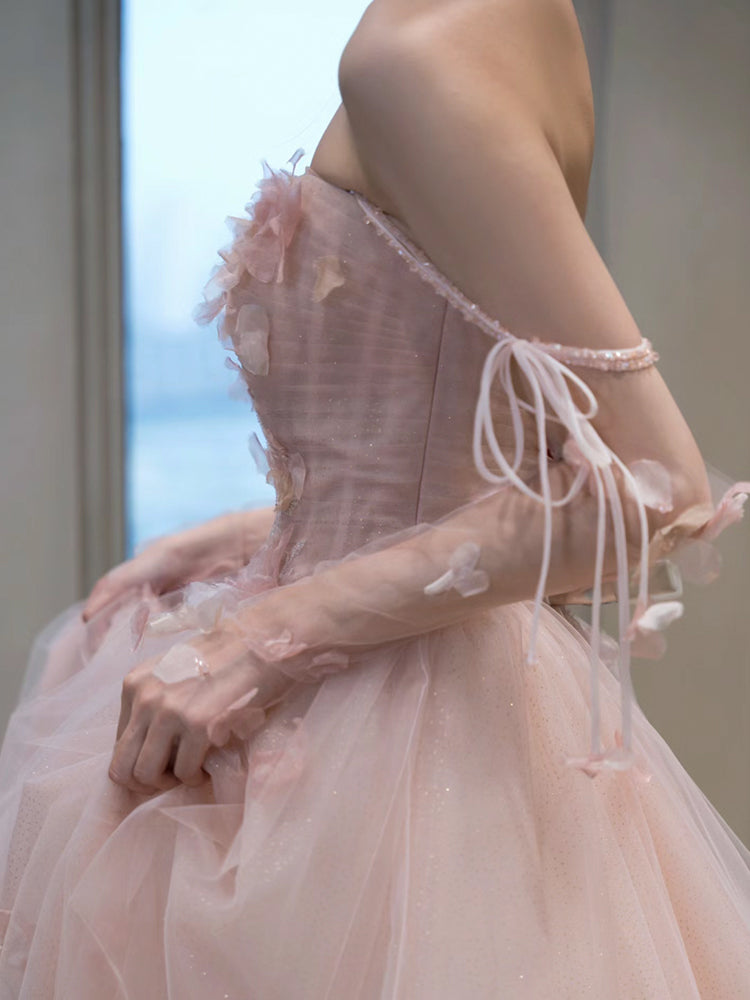 A Line Pink Long Formal Dress Tulle Evening Dresses