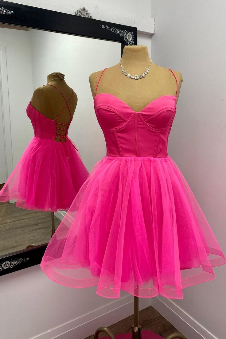Hot Pink Corset A-line Short Princess Dress Homecoming Dress Short Party Dress