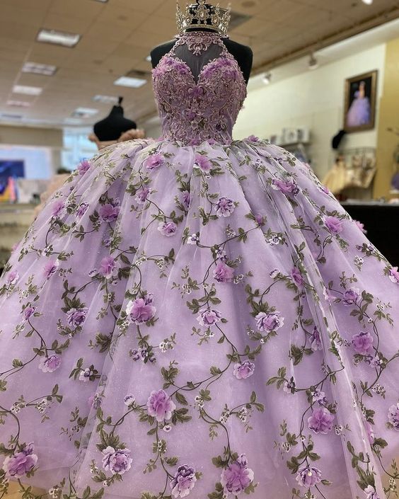 Purple A-line Ball Gown With Flowers,Purple Sweet 16 Dress