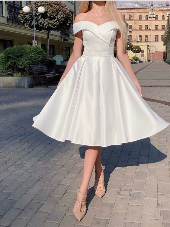 WHITE OFF SHOULDER SATIN PROM DRESS WHITE EVENING DRESS