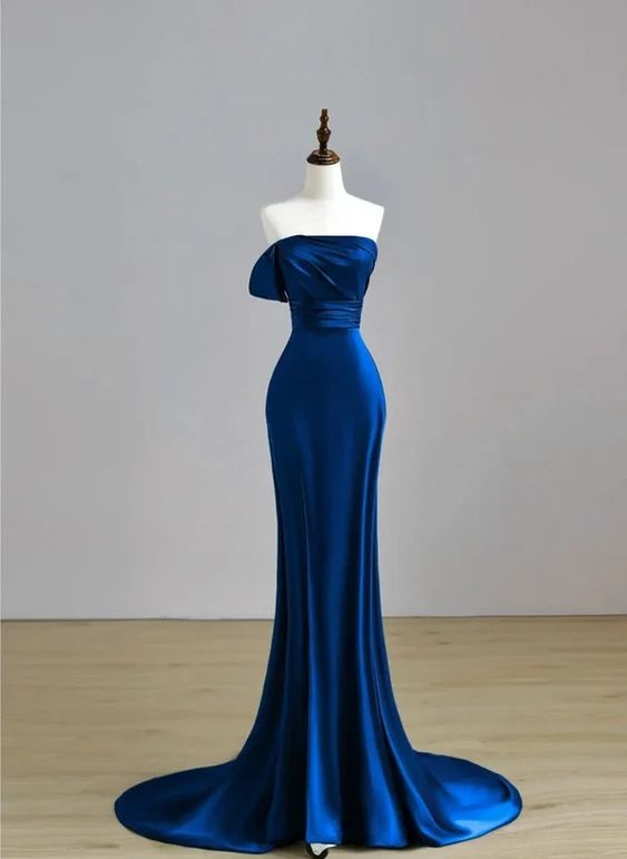 Royal Blue Satin Mermaid Long Party Dress, Royal Blue Prom Dress