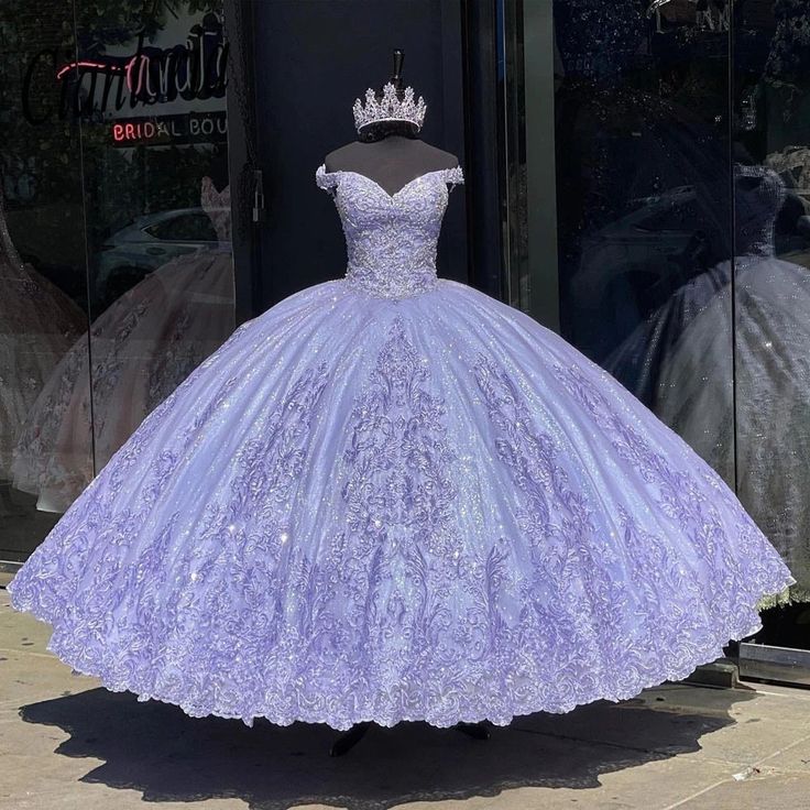 Lavender Off-Shoulder Ball Gown Quinceanera Dresses Vestidos De 15 Anos Lace Glitter Skirt Princess Party Gowns