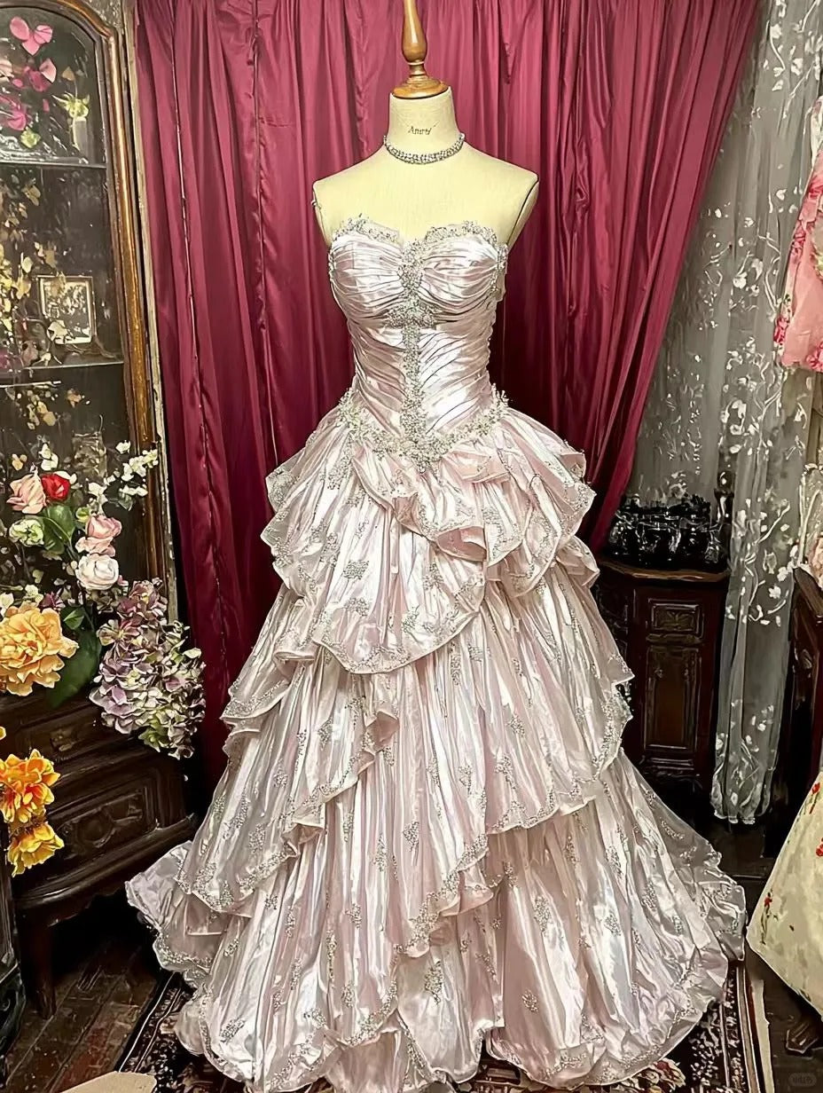 Vintage Pink Strapless Long Prom Party Dress Long Evening Dress