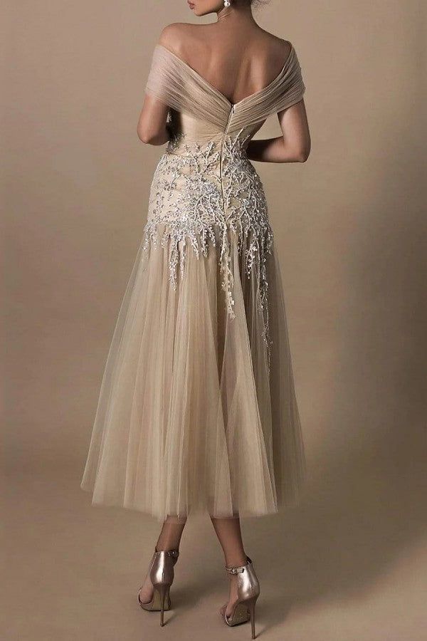 Elegant Lace Appliques Women's Prom Dress Fashion Off Shoulder A-line Princess Sleeveless Dress