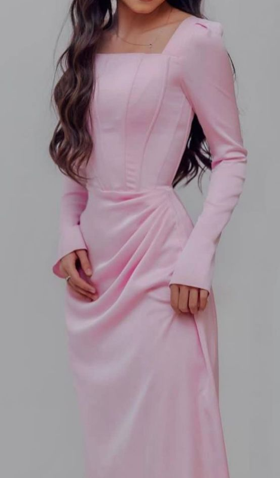 Classy Pink Square Neckline Evening Dress with Long Sleeves