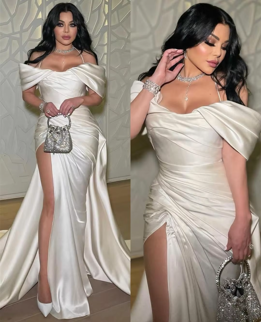 Vintage long satin pleated dress for women, elegant evening dress