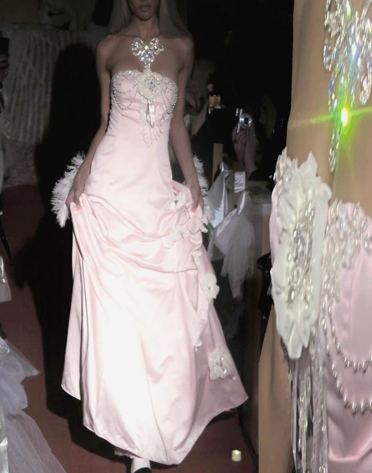 Pink Strapless Satin Long Prom Dresses Evening Dress With Flowers