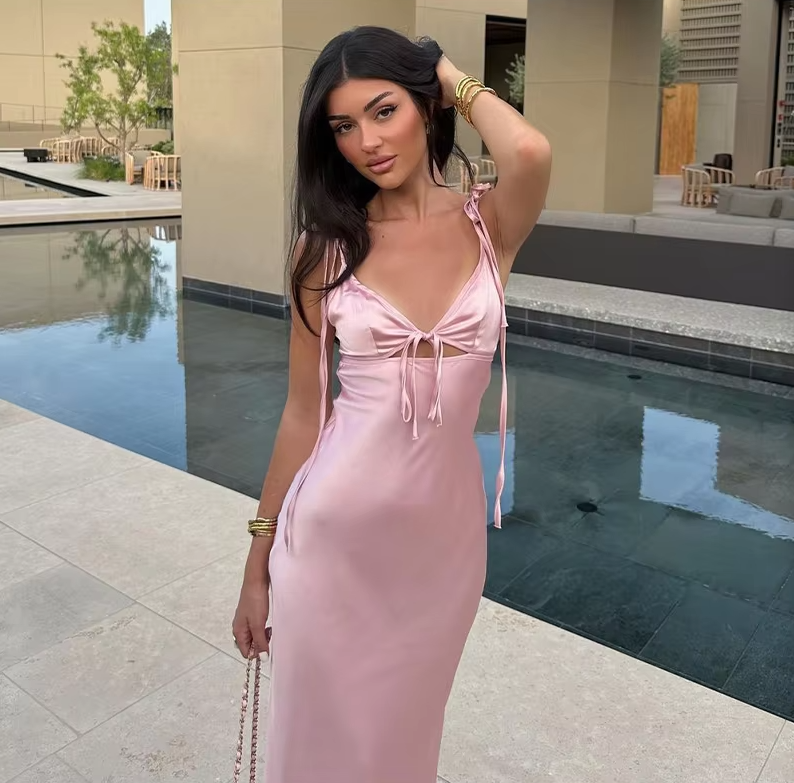 Elegant Satin Maxi Dress for Women, Sexy Party Dress