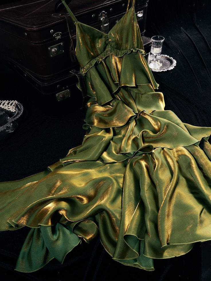 Green V-Neck Tiered Flounce Long Prom Dress Party Dress