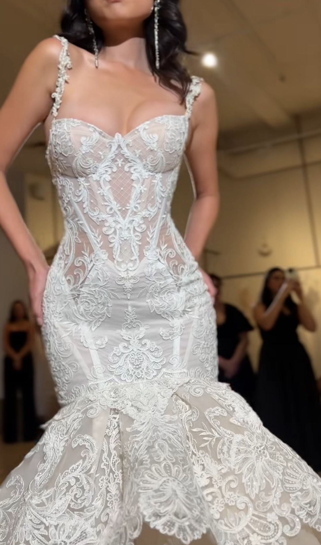 Gorgeous Ivory Lace Strapless Mermaid Wedding Dress with Layered Organza Train