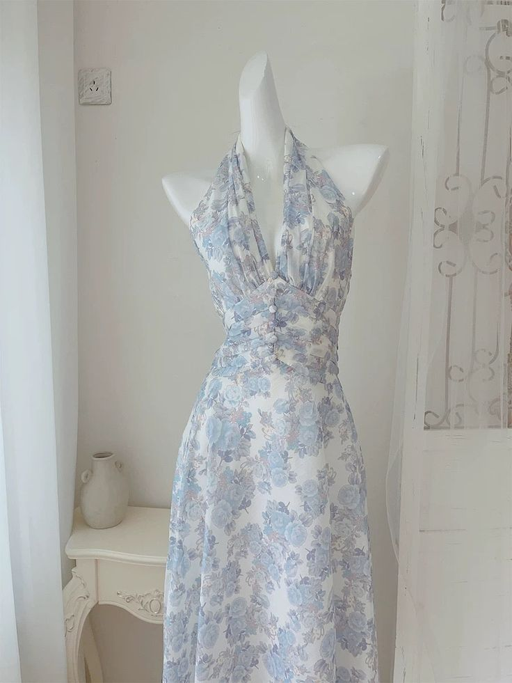 Sexy Chiffon Print Floral Long Prom Dress Halter V Neck Party Evening Gown
