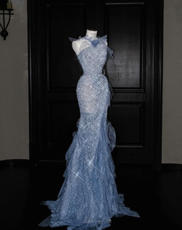 Blue Mermaid Sparkle Prom Party Dress Luxurious Evening Dress