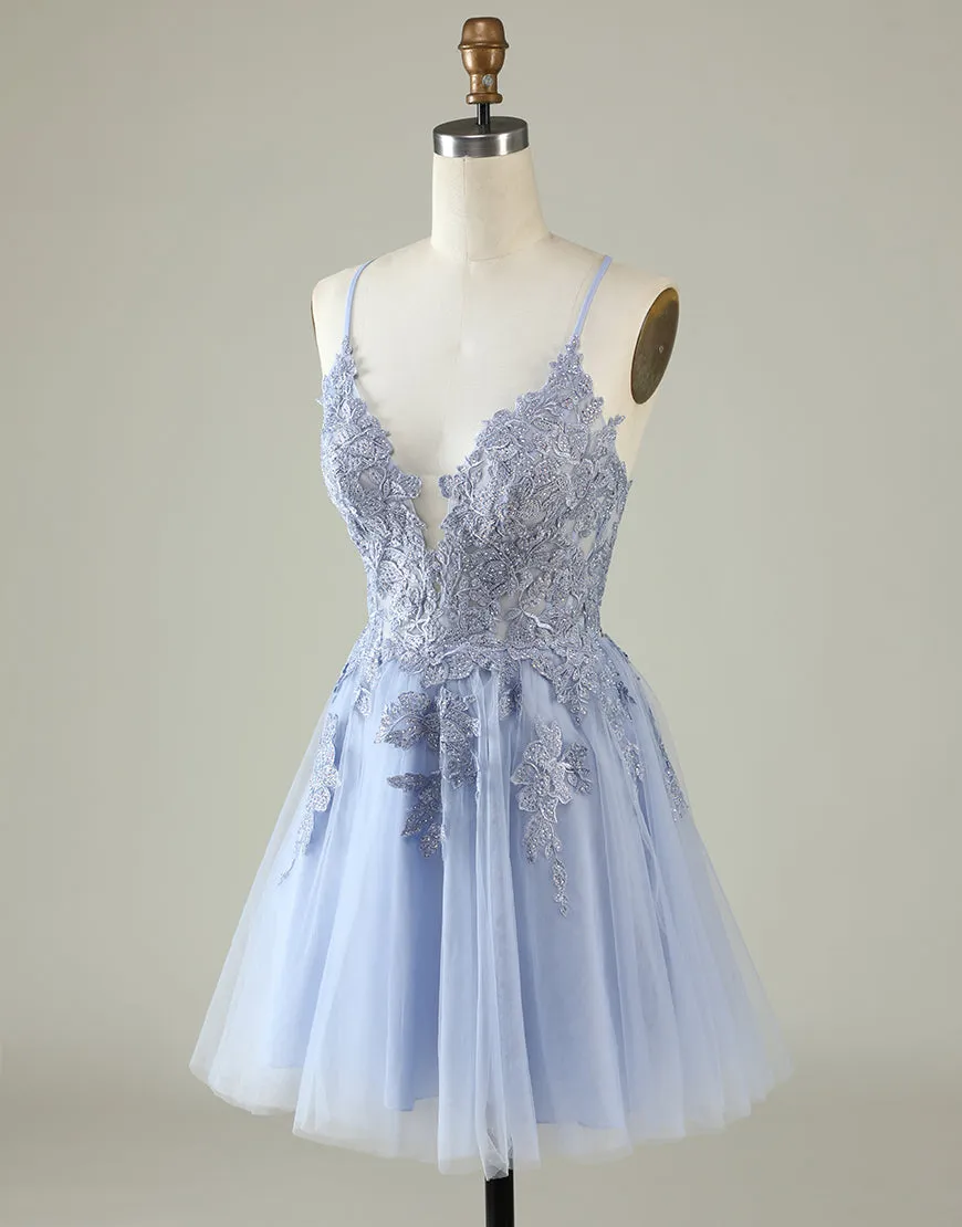 Spaghetti Straps Tulle Appliques Short Backless Prom Dress Party Dress