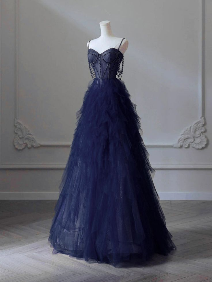 Pretty Sweetheart Neck Navy Blue Prom Dress, Tulle Beaded Long Graduation Dress Ball Gown