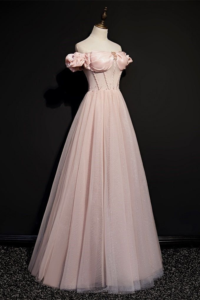 Lovely Pink Off The Shoulder Tulle Beading Prom Dress A Line Party Evening Dress