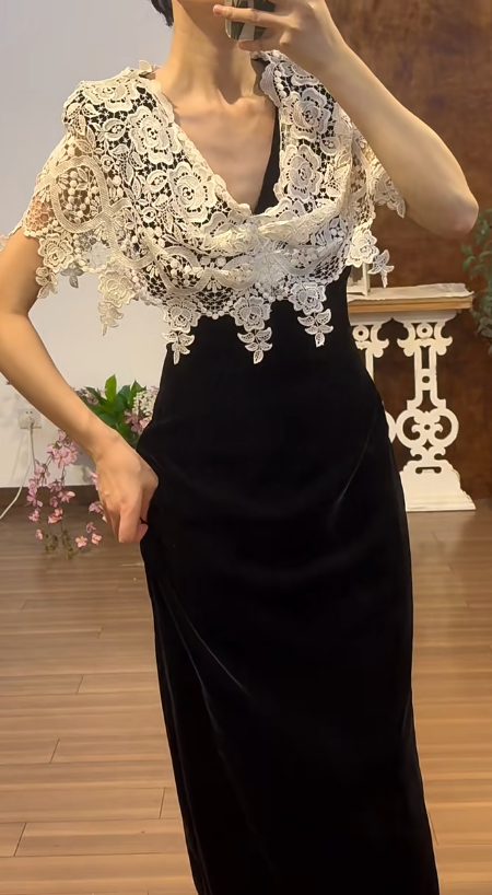 Black Mermaid Prom Party Dress White Lace Evening Dress Birthday Outfit