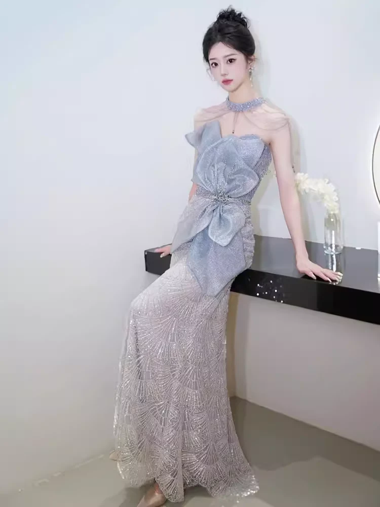Mermaid High Neckline Sequin Long Evening Dress Beads Prom Dress
