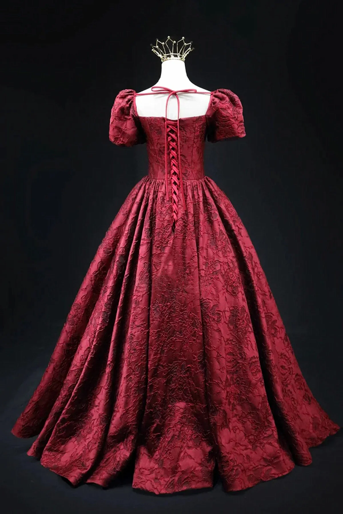 Vintage Square Neck Wine Red Prom Gown, Short Sleeves Evening Dress Party Dress