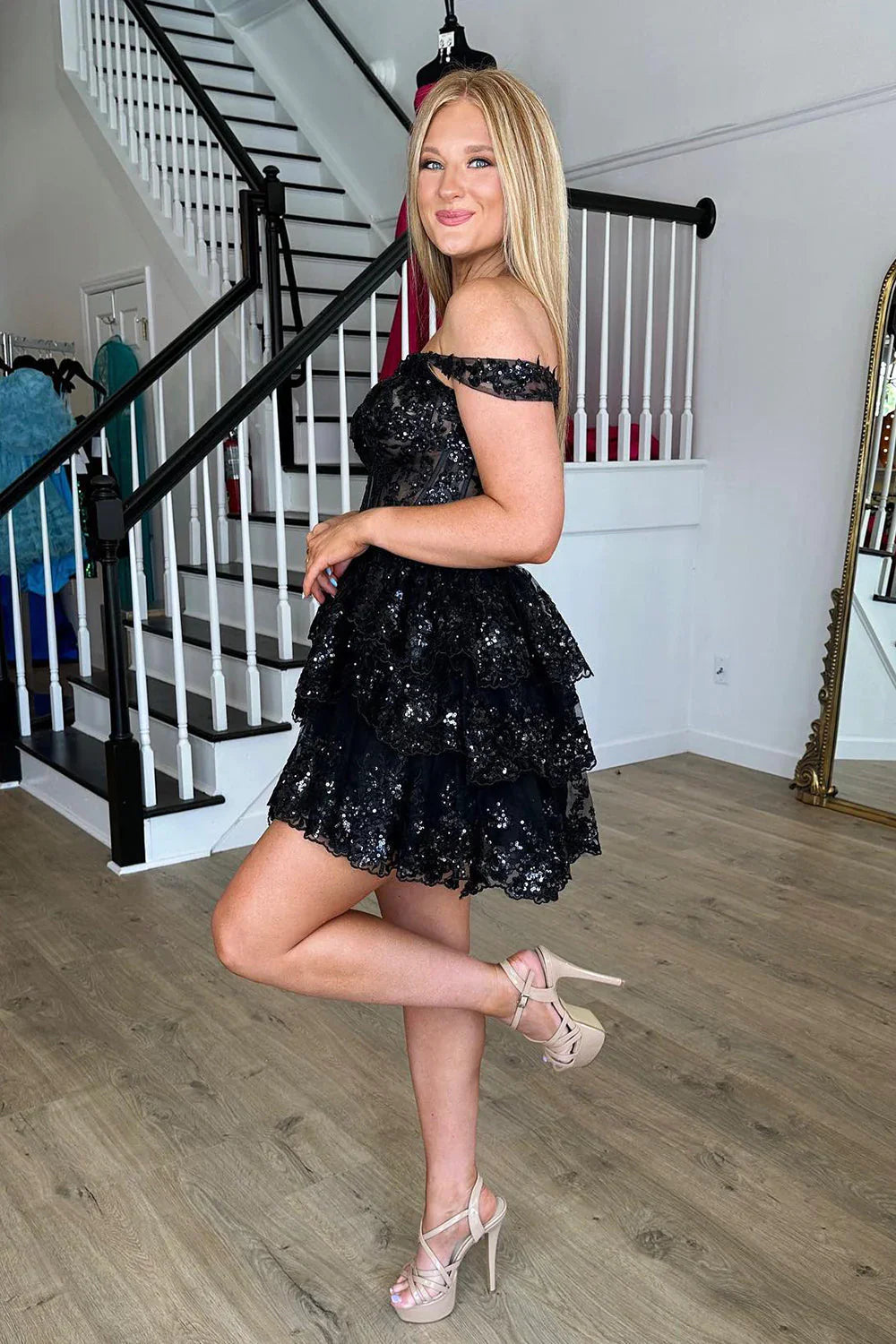A Line Fchsia Homecoming Dress Seeing Sparkles Off the Shoulder Graduation Dress with Ruffles