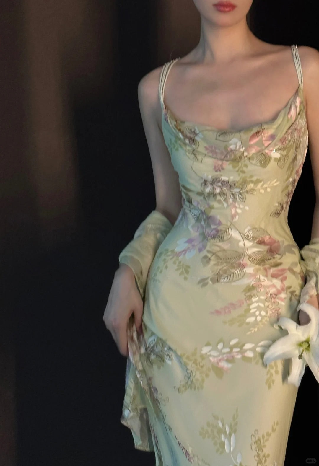 Vintage Light Green Printed Mermaid Strap Chiffon Long Prom Dress Evening Dress