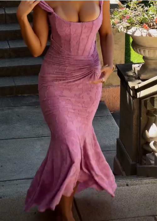 Sexy Rose Pink Floral Long Prom Dress Mermaid Party Evening Dress