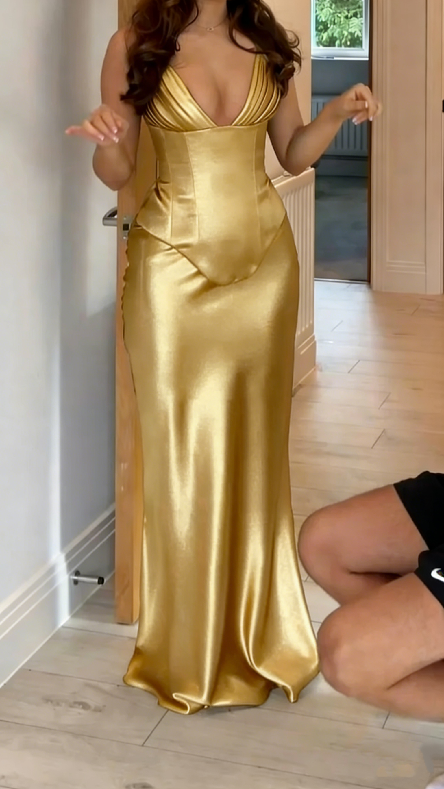 Classy Olive Green V Neck Satin Mermaid Party Dress Long Evening Gown