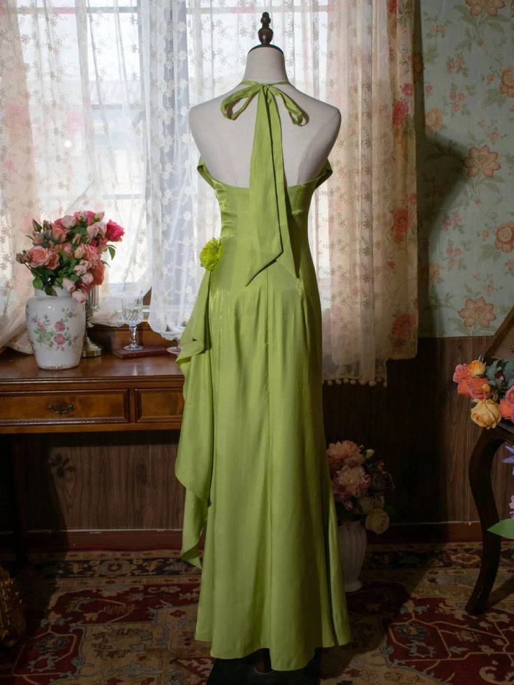 Green Halter Floral Prom Gown Vintage Party Dress Evening Dress