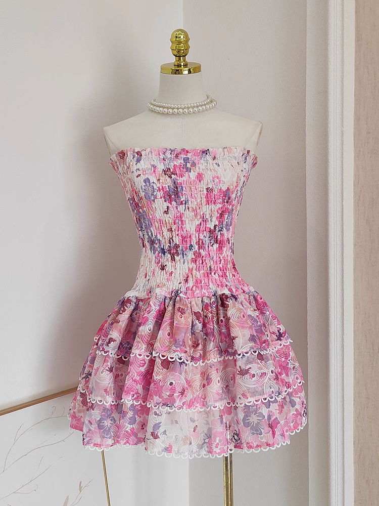 Cute A line Strapless Sleeveless Pink Floral Cocktail Dress Short Birthday Outfits