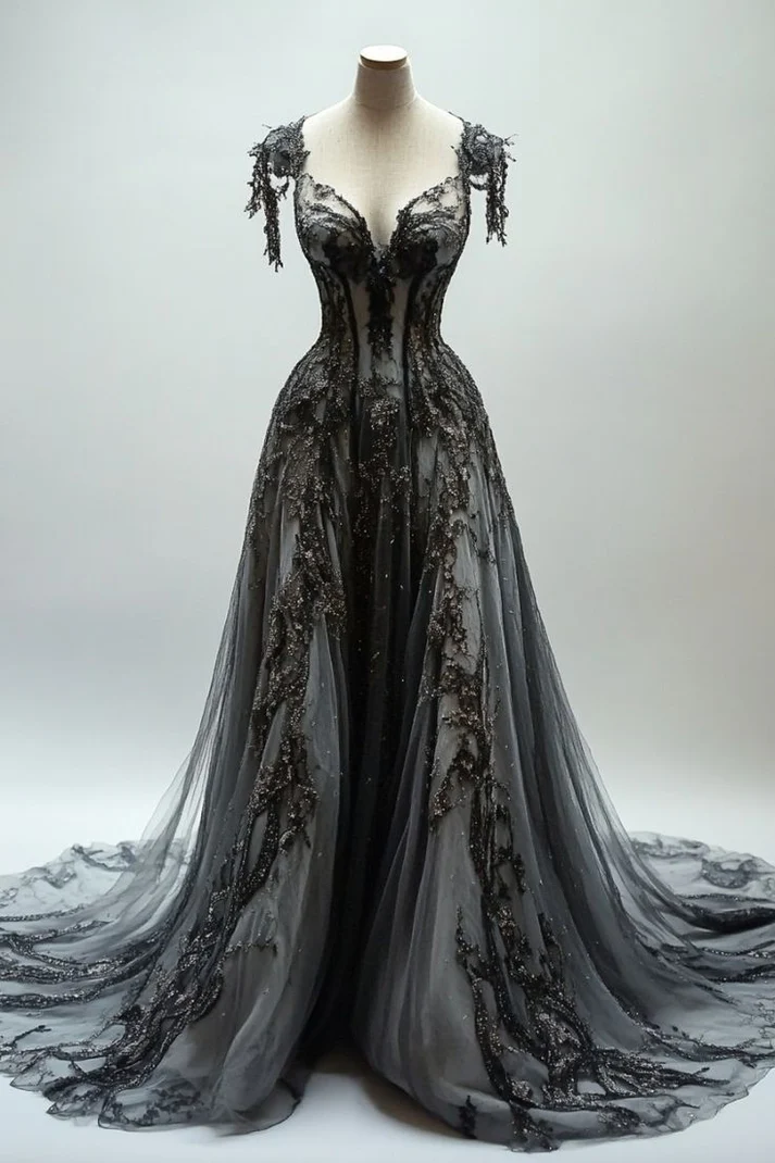 Black Appliques A-line V-neck Lace Tulle Sequin Long Prom Dress, Dark Gray Formal Evening Gowns