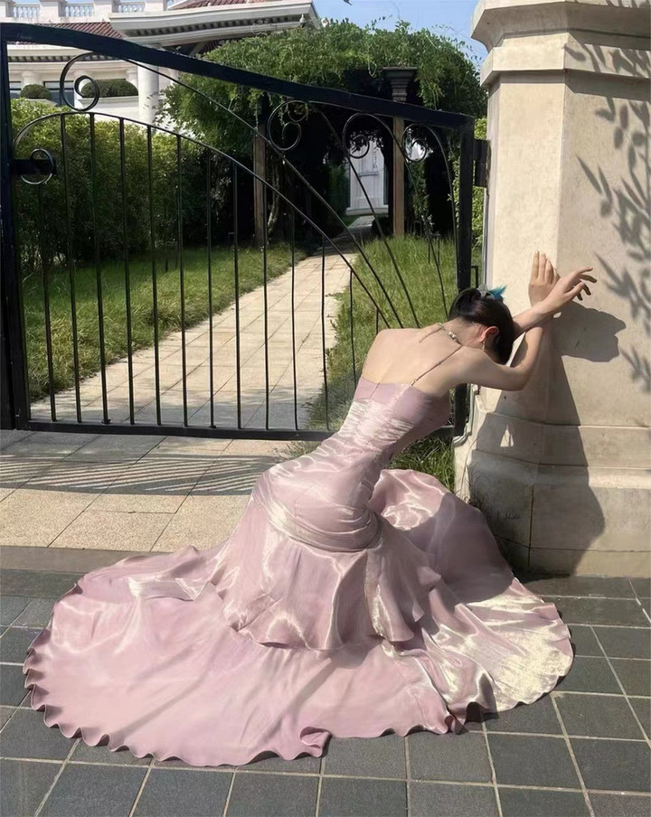 Chic Pink Satin Straps Long Party Dress Satin Mermaid Prom Dress Evening Dress