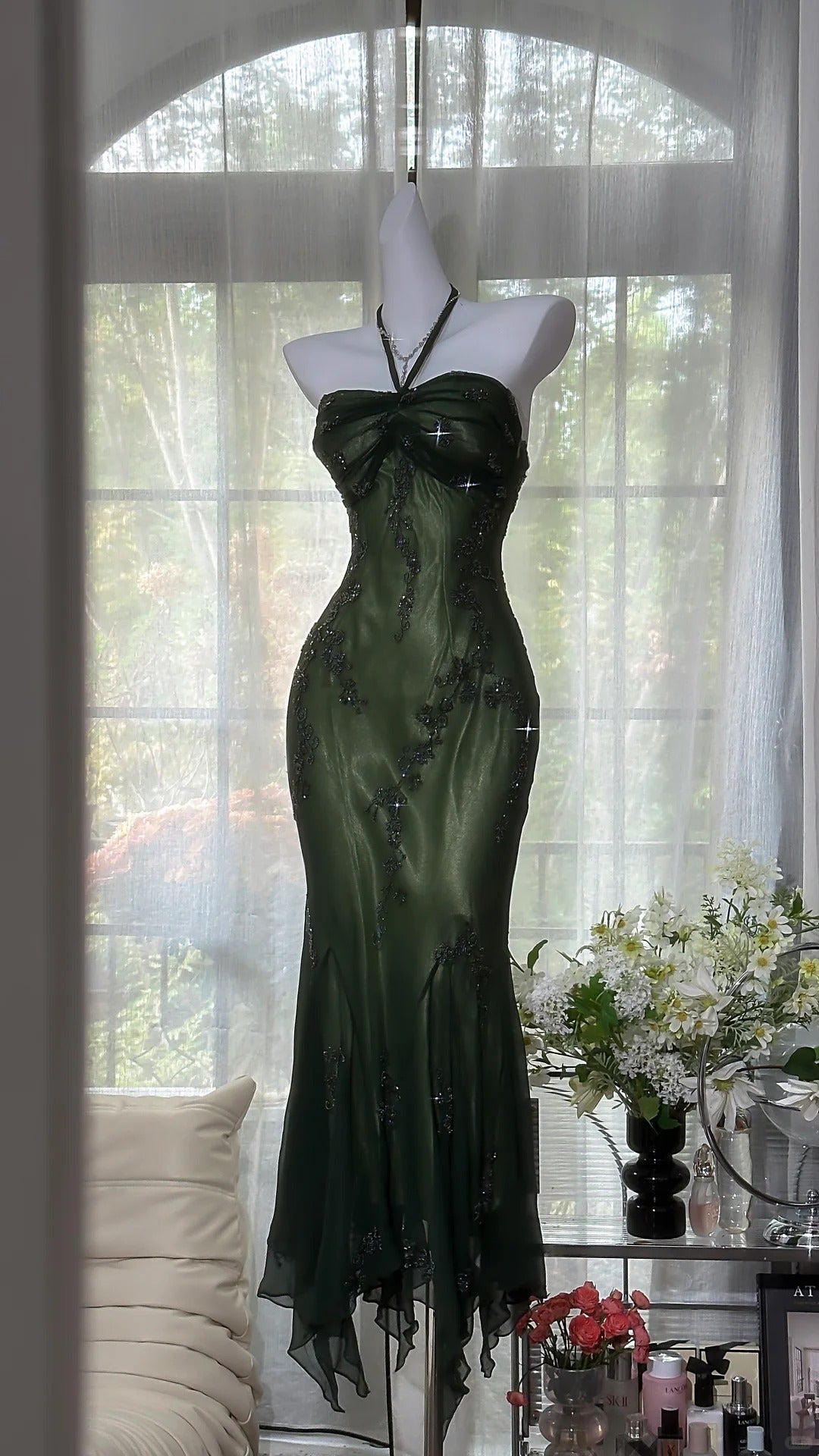 Luxury Dark Green Mermaid Bead Embroidered Chiffon Long Prom Dress Evening Dress