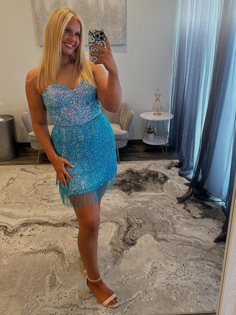 Sparkly Sheath Sweetheart Blue Sequins Short Homecoming Dress with Tassel