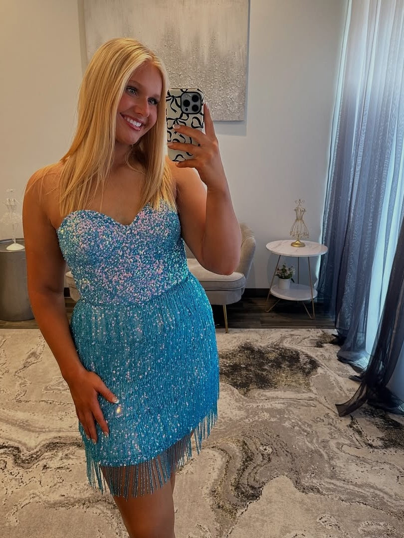 Sparkly Sheath Sweetheart Blue Sequins Short Homecoming Dress with Tassel