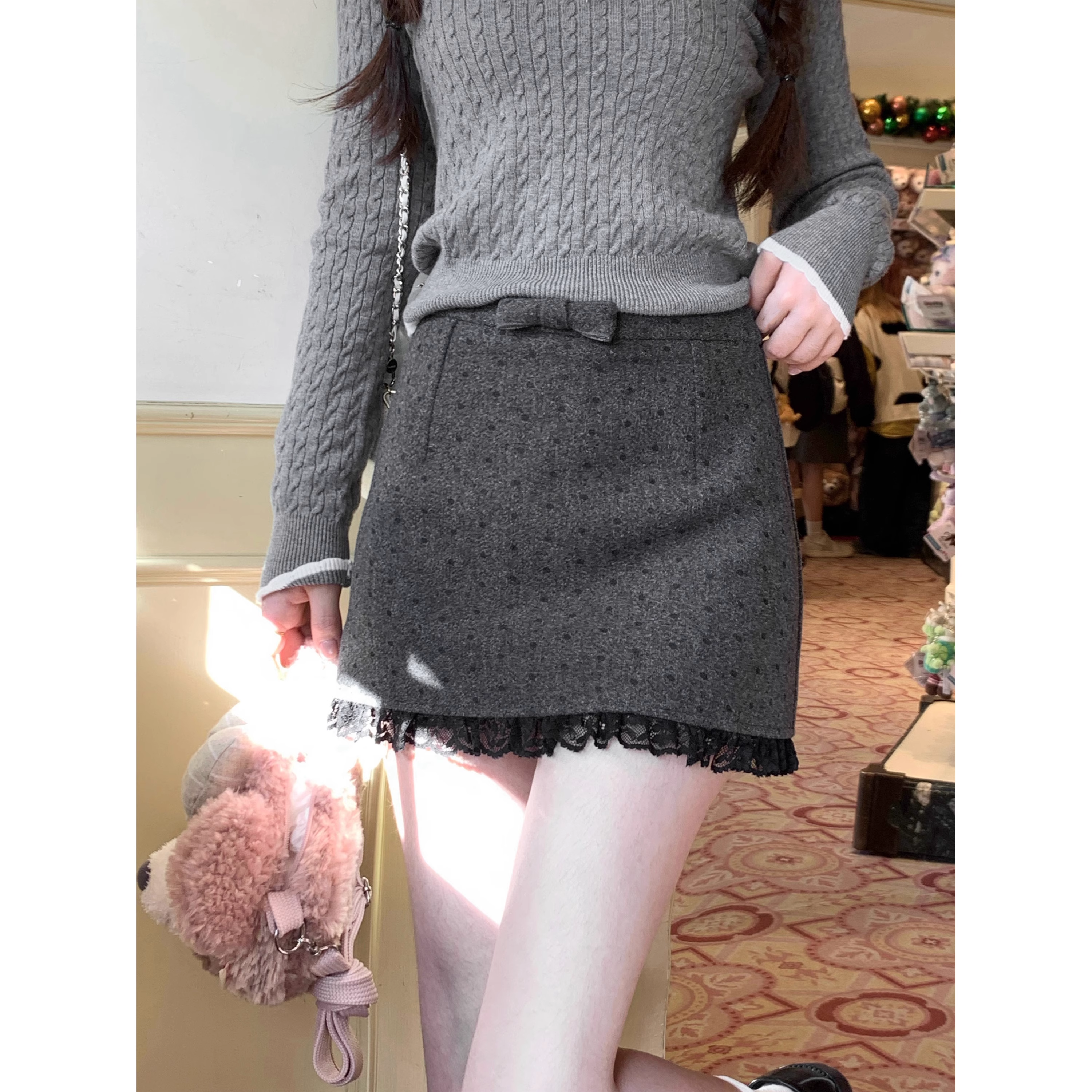 Wool polka dot lace bow midi skirt A80