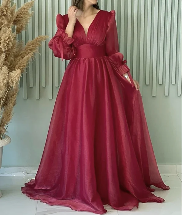 A Line V Neckline Long Sleeves Hot Pink Tulle Long Prom Dresses Evening Dress