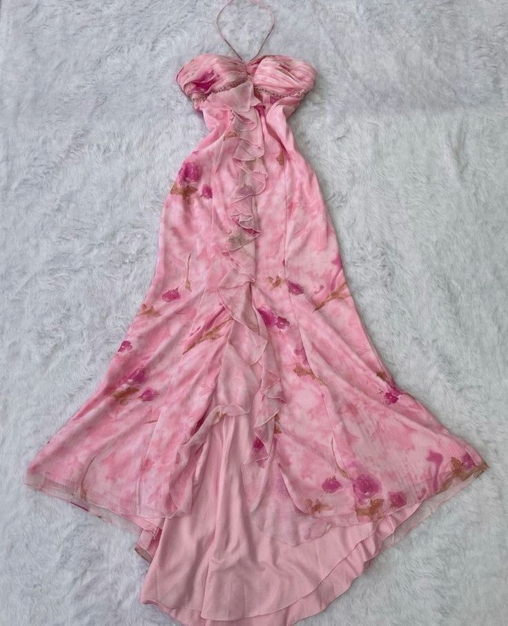 Mermaid Halter Pink Chiffon Floral Long Prom Dresses Evening Dress