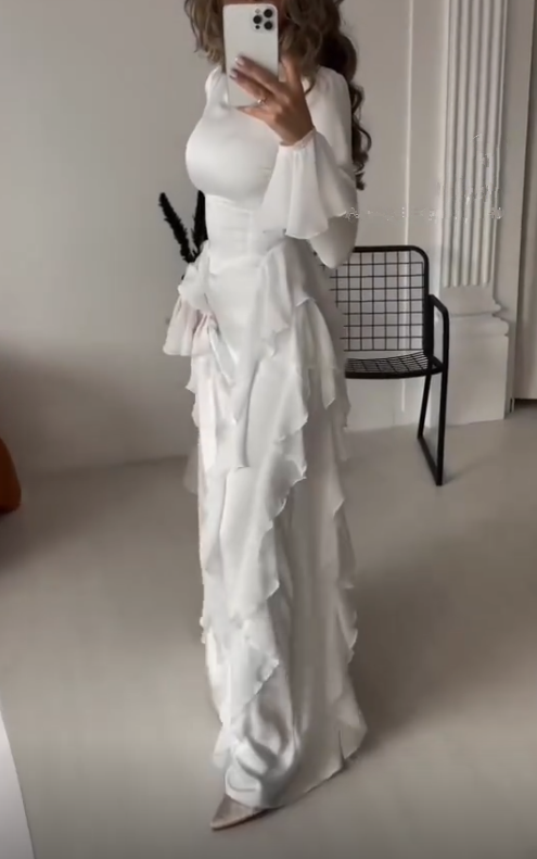 Flowing Long Sleeves A Line Ruffled Evening Dress Elegant Party Dress