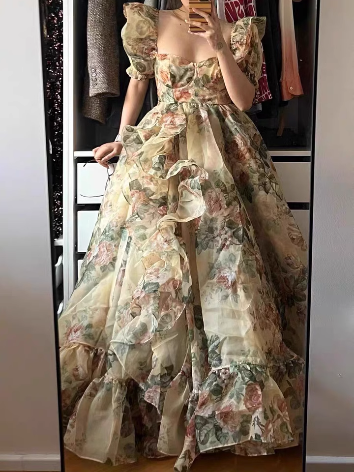 Chic Princess Square Neckline Floral Green Long Ruffles Prom Dresses Birthday Dress