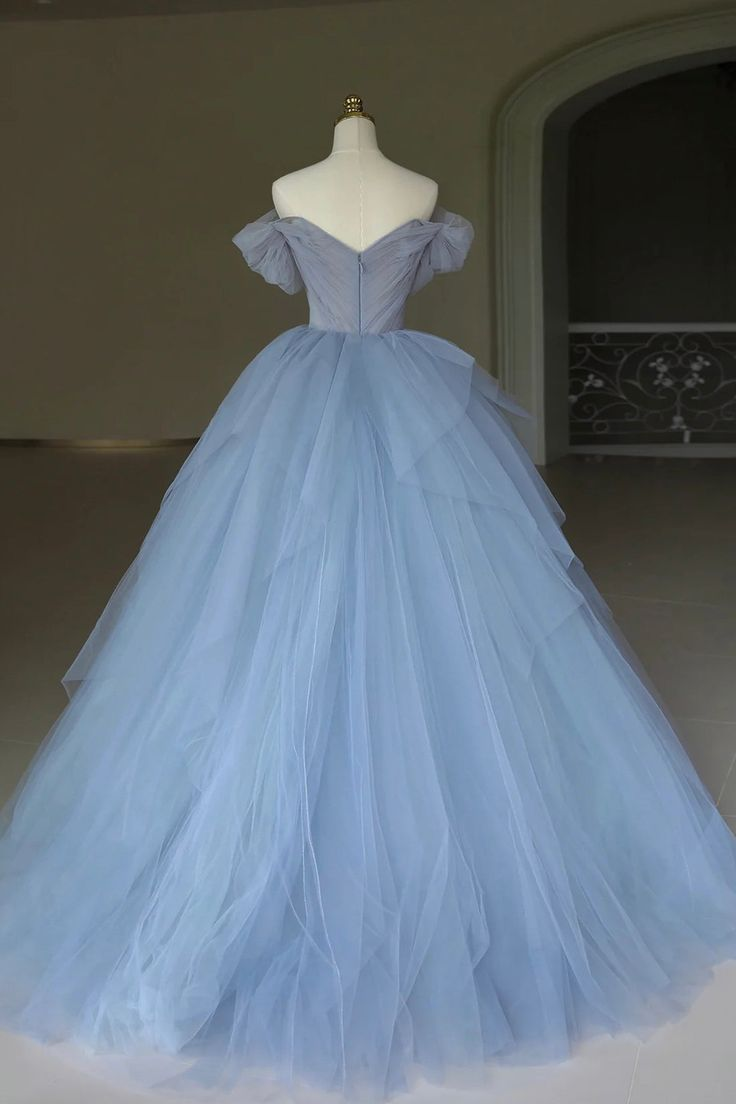 Blue Tulle Appliques Long Prom Dress, Off the Shoulder Evening Dress Ball Gown
