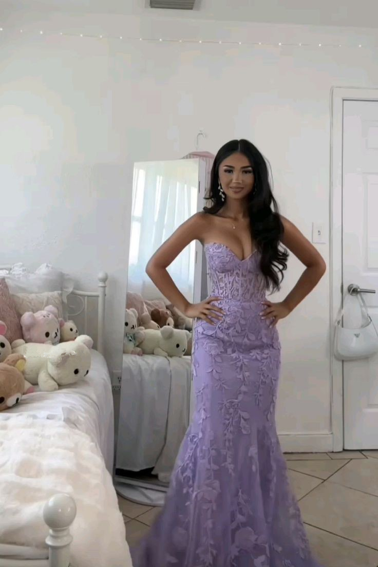 Elegant Tulle Appliques Lilac Prom Dress Long Mermaid Party Evening Dress