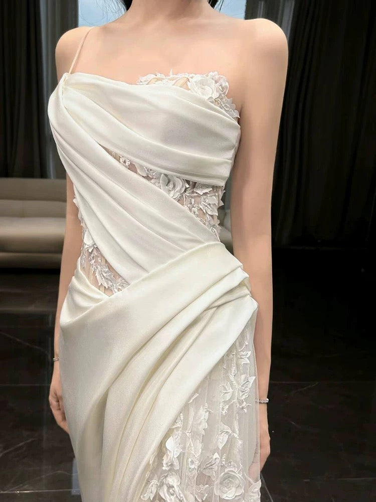 Simple White Mermaid One Shoulder Satin Lace Pleats Wedding Dress