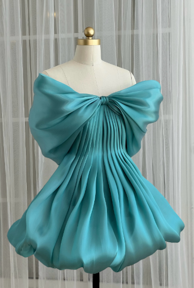Unique Blue Green Bow Strapless Pleated A Line Short 6th Grade Homecoming Dress Birthday Outfits