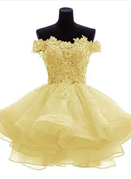White sweetheart lace applique short cute white homecoming dress Off Shoulder Organza Short Lace Applique Teen Formal Dress