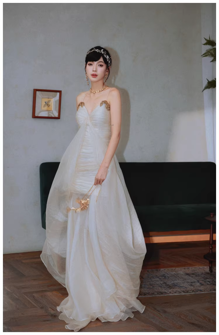 Charming Spaghetti Straps Light Apricot Chiffon Pleated Mermaid Long Evening Dress 18th Birthday Outfits