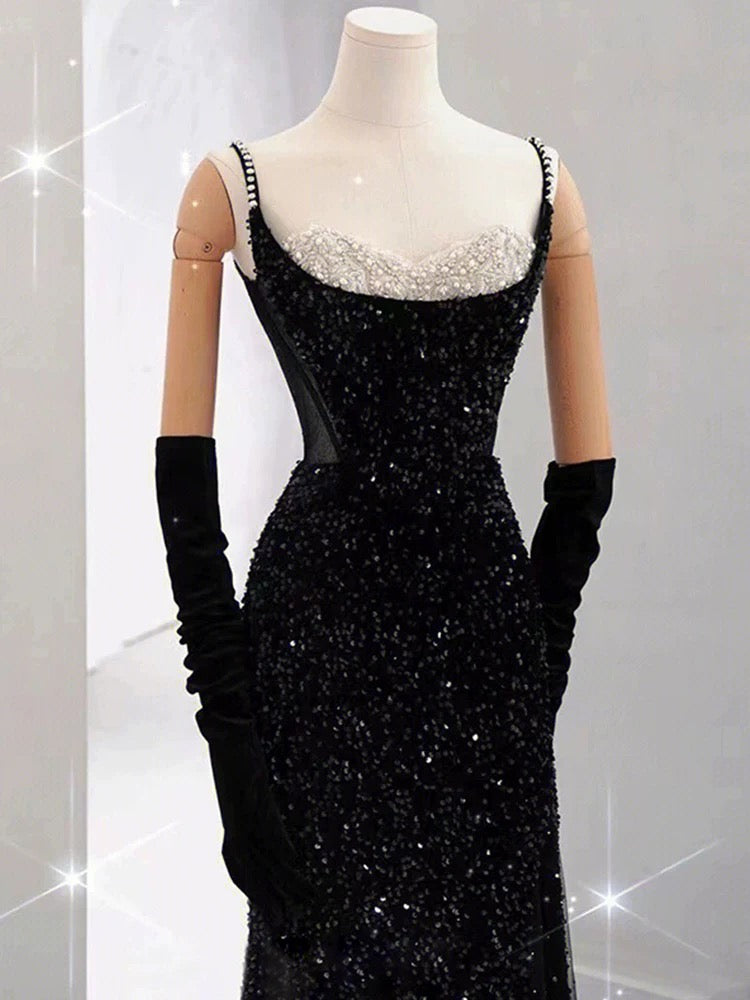Elegant Mermaid Spaghetti Straps Black Sequin Long Prom Dresses Party Dress With Beads