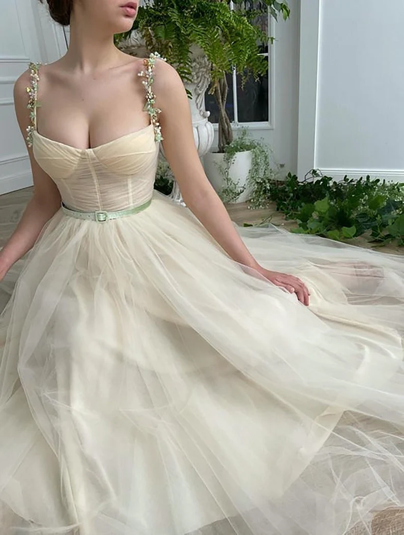 Beige Fairy Tulle Prom Dress Beads Straps Fairy Prom Gown, Handmade Tea-length A-Line Tulle Ball Gown Wedding Dress
