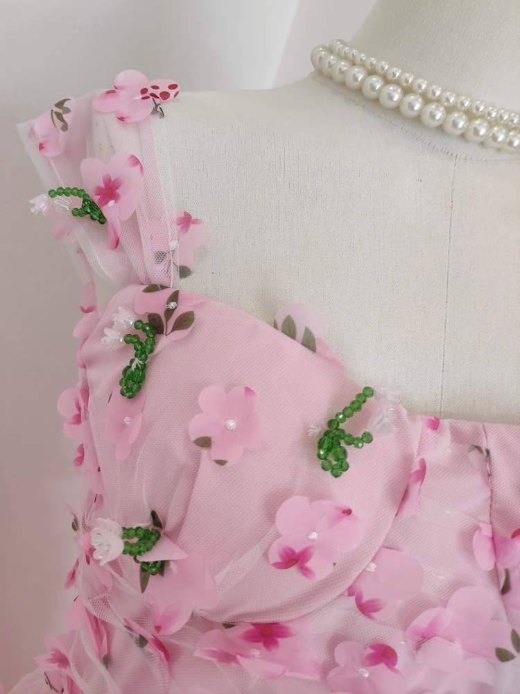 Chic A Line Straps Pink Floral Tulle Lace Prom Dresses Birthday Outfits