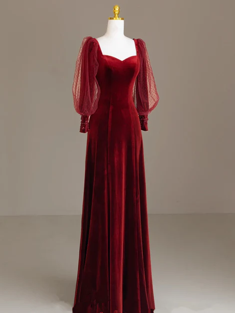 Elegant Burgundy Velvet Long Prom Dress, Puffy Sleeves Wedding Party Dress